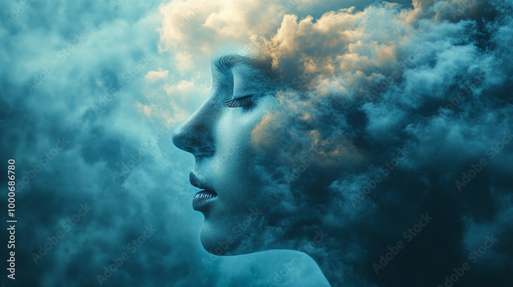 face obscured by a cloud, symbolizing depression and loneliness. The mist represents emotional isolation and the struggle of hiding one’s inner feelings face obscured by a cloud, symbolizing depression and loneliness. The mist represents emotional isolation and the struggle of hiding one’s inner feelings
