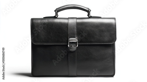 Professional black leather briefcase-style gentleman bag, isolated on white, showcasing its sleek design and sturdy handle.