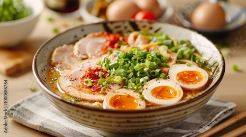 Delicious ramen bowl topped with green onions and soft boiled eggs.