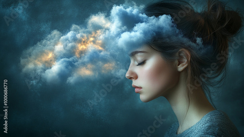 face obscured by a cloud, symbolizing depression and loneliness. The mist represents emotional isolation and the struggle of hiding one’s inner feelings