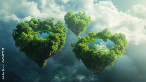 Ultra-realistic moss-covered floating islands in the sky, where photorealistic plants glow softly under the sunlight, with realistic clouds drifting by, reflecting the light off the greenery