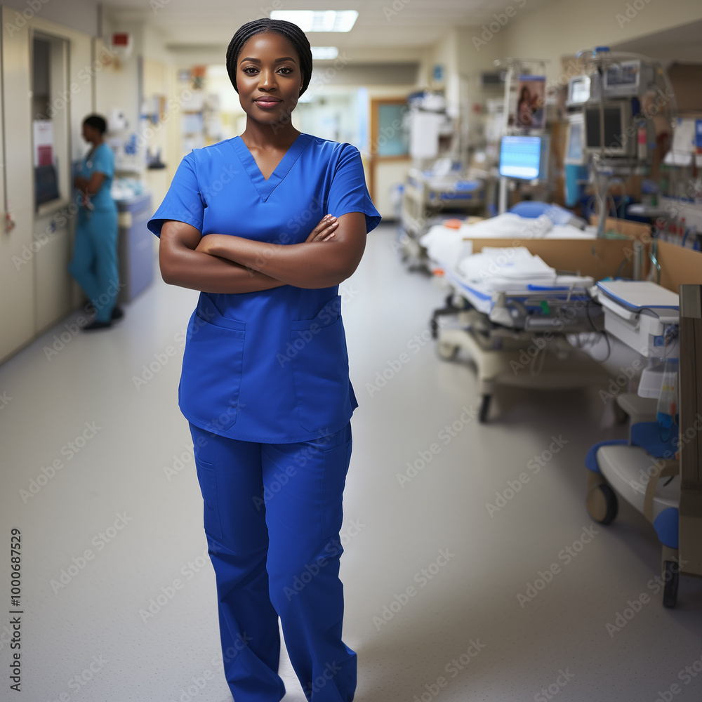Smiling African American nurse wearing blue scrubs in a bright and inviting hospital hallway with copyspace for marketing or business ad Smiling African American nurse wearing blue scrubs in a bright and inviting hospital hallway with copyspace for marketing or business ad