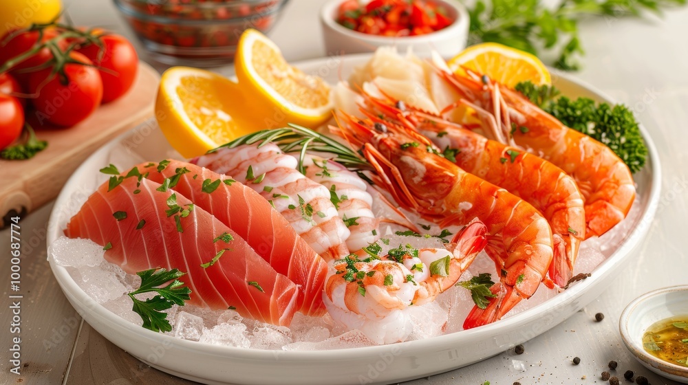 Delicious seafood platter featuring shrimp and sashimi with fresh garnishes.