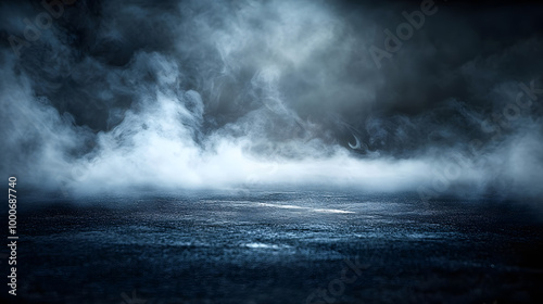 Smoke On Cement Floor With Defocused Fog In Halloween Abstract Background