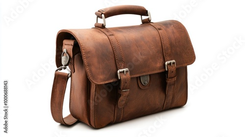 Vintage-style brown leather gentleman satchel, placed on a white background, angled slightly to show buckle and handle details.