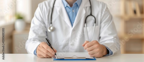 Doctor writing on clipboard in medical office, white isolate background