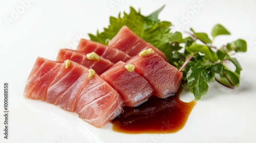 photo of sashimi with sauce on white background.