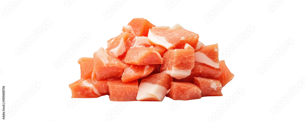Chopped fresh salmon pieces on a white isolated background. transparent background. Chopped fresh salmon pieces on a white isolated background. transparent background.