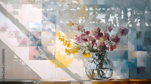 A vase of colorful flowers sitting on a windowsill, illuminated by sunlight casting shadows on the tiled wall behind. photo