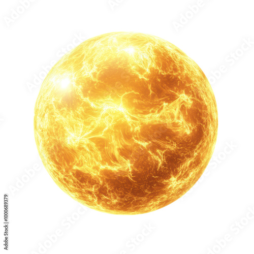 Sun: A detailed, realistic depiction of a sun with a textured surface and visible rays emanating outward. png, transparent background.