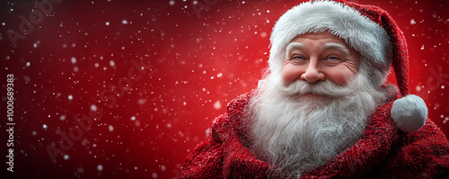 Banner with smiling Santa Claus over red snowy background with empty place for text. Shallow depth of field.