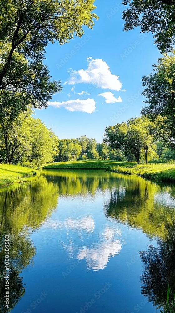 Fototapeta premium A serene landscape featuring a clear river, lush greenery, and a bright blue sky reflected on the water's surface.
