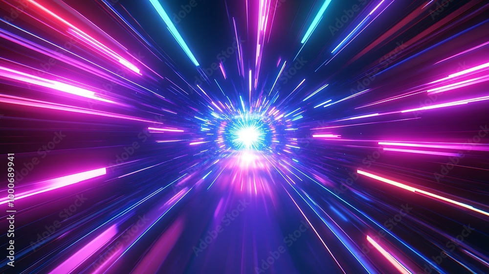 Abstract flight in retro neon hyper warp space in the tunnel 3d illustration, Generative AI Abstract flight in retro neon hyper warp space in the tunnel 3d illustration, Generative AI