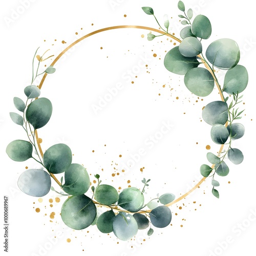 Watercolor pastel green eucalyptus leaves and a gold circular frame,