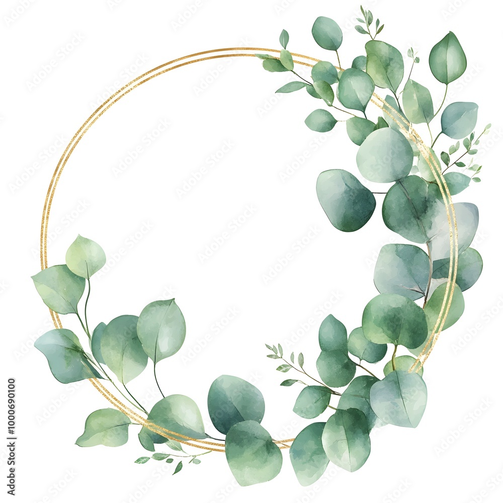 Watercolor pastel green eucalyptus leaves and a gold circular frame, Watercolor pastel green eucalyptus leaves and a gold circular frame,