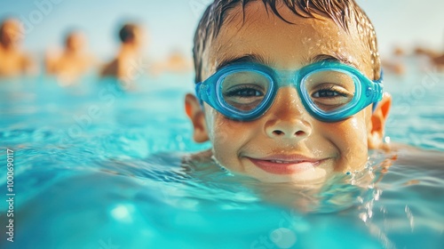 Happy Boy Swimming in Pool with Goggles