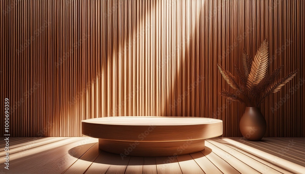 Wooden podium. 3D wooden stand for product presentation. Empty platform against the background of vertical slats on the wall. Modern minimalistic studio interior with a stage for the jewelry sphere. Wooden podium. 3D wooden stand for product presentation. Empty platform against the background of vertical slats on the wall. Modern minimalistic studio interior with a stage for the jewelry sphere.