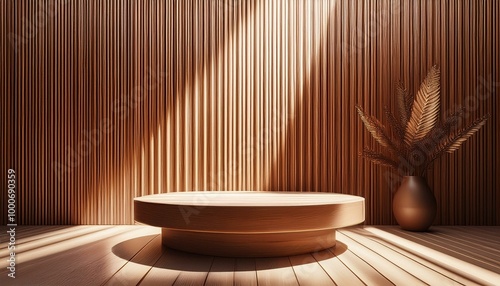 Wooden podium. 3D wooden stand for product presentation. Empty platform against the background of vertical slats on the wall. Modern minimalistic studio interior with a stage for the jewelry sphere.