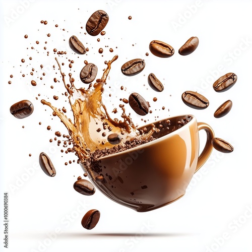 Cup with coffee splash and roasted beans in air on white background