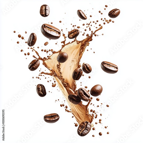Coffee splash and roasted beans in air on white background