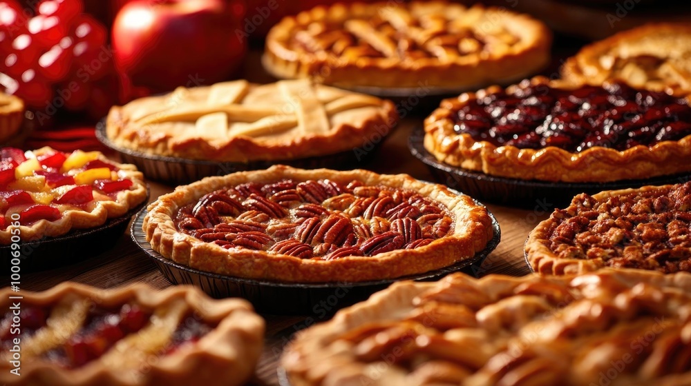 A delightful assortment of freshly baked fruit pies displayed on a rustic wooden table, perfect for dessert enthusiasts. A delightful assortment of freshly baked fruit pies displayed on a rustic wooden table, perfect for dessert enthusiasts.