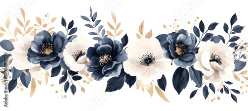 Watercolor navy blue and beige floral elements clipart set, isolated on a white background.