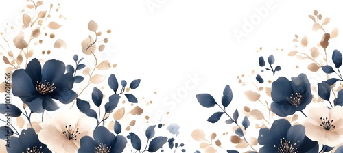 Watercolor navy blue and beige floral elements clipart set, isolated on a white background.