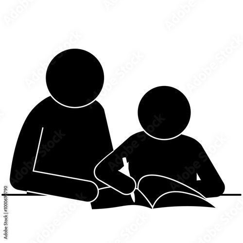 勉強する子とそれを教える大人のピクトグラム