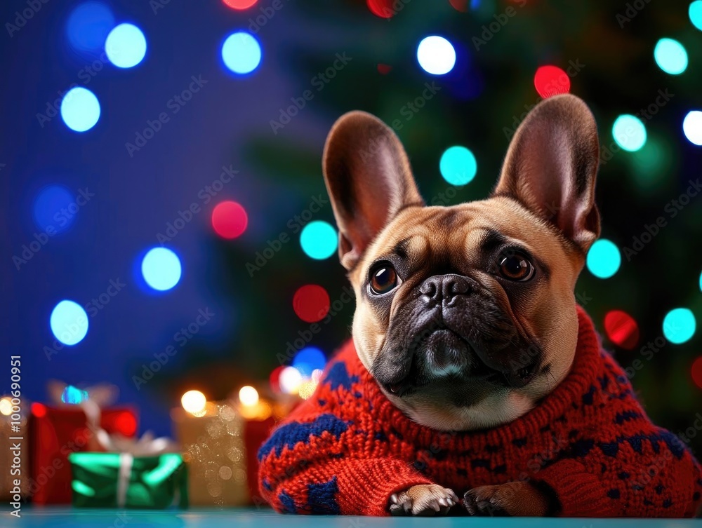 custom made wallpaper toronto digitalA charming French bulldog in a festive sweater, surrounded by colorful lights and holiday gifts, perfect for Christmas themes.