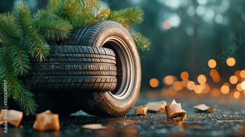 Used tires wrapped in pine branches create a striking contrast against the blurred forest background. photo