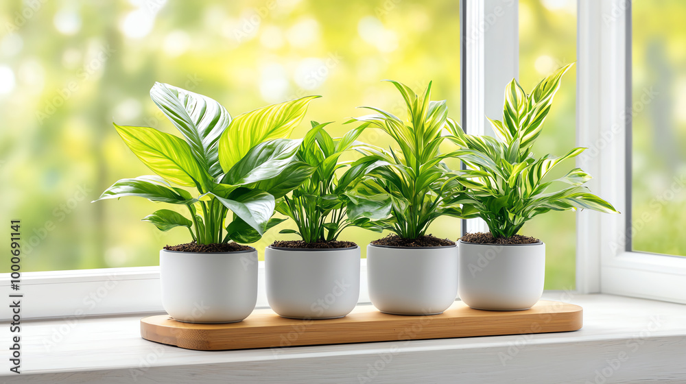 Four potted houseplants on a windowsill with natural light, creating a refreshing and vibrant indoor atmosphere. Four potted houseplants on a windowsill with natural light, creating a refreshing and vibrant indoor atmosphere.