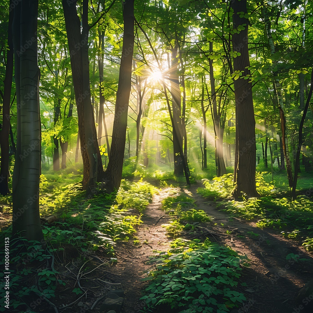 Obraz premium Morning in the green forest. Sun rays through the branches of trees
