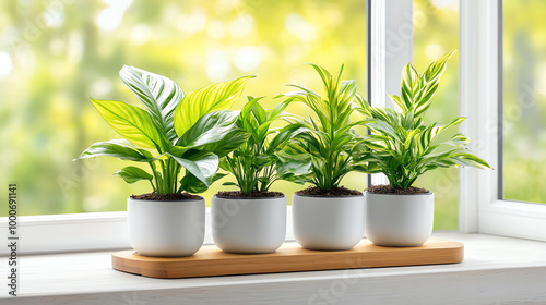 Four potted houseplants on a windowsill with natural light, creating a refreshing and vibrant indoor atmosphere.