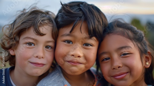 A close-up of three kids from diverse ethnicities, smiling together