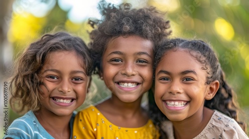 A close-up of three kids from diverse ethnicities, smiling together