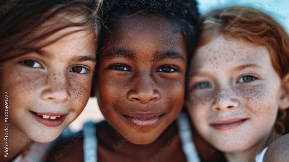 A close-up of three kids with different skin tones, smiling warmly in a heartwarming A close-up of three kids with different skin tones, smiling warmly in a heartwarming