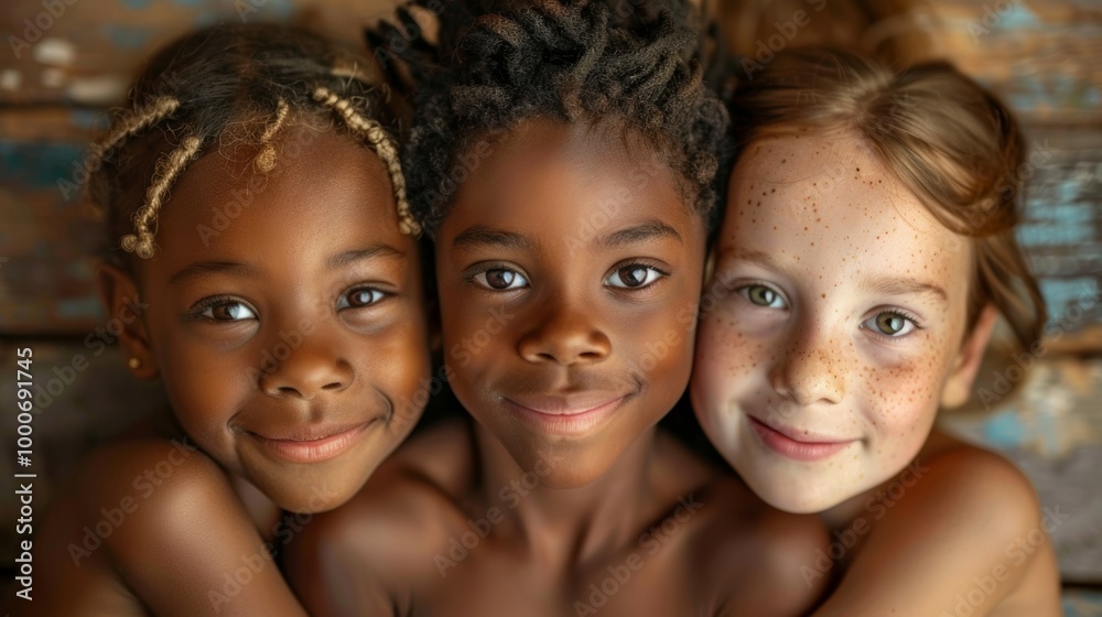 A close-up of three kids with different skin tones, smiling warmly in a heartwarming A close-up of three kids with different skin tones, smiling warmly in a heartwarming