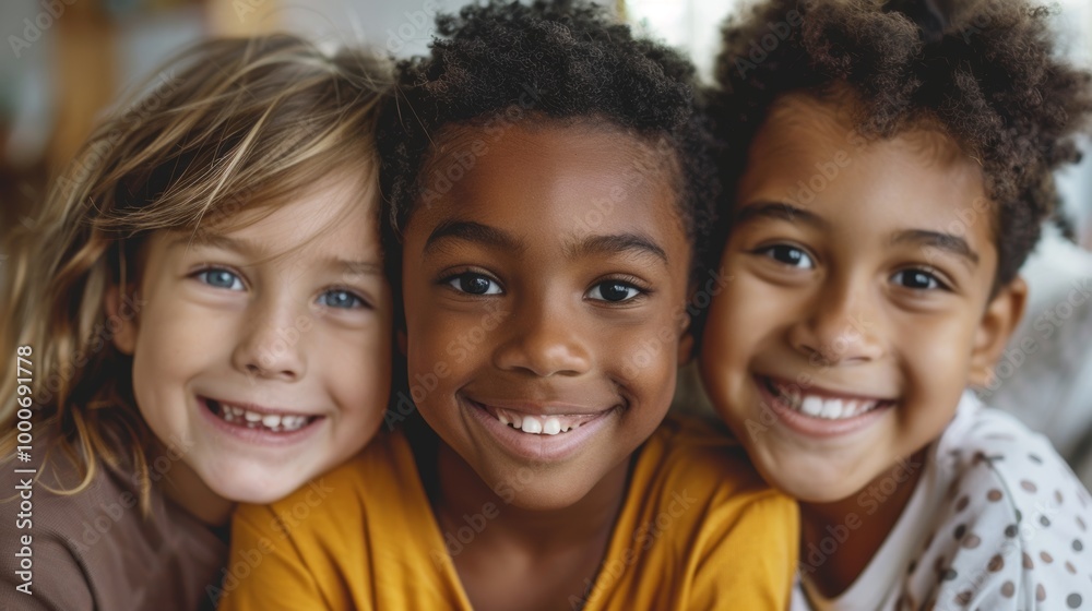 A close-up of three kids with diverse skin tones, smiling together
