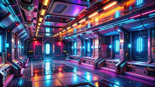 Fototapeta Naklejka Na Ścianę i Meble -  Futuristic space station with vibrant neon-lit interior, retro, space, station, neon, vibrant, futuristic, interior, technology