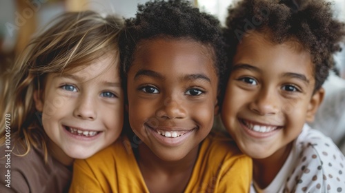 A close-up of three kids with diverse skin tones, smiling together