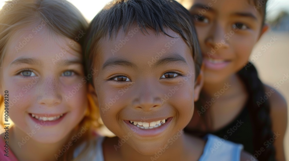 A close-up photo of three diverse children, smiling joyfully