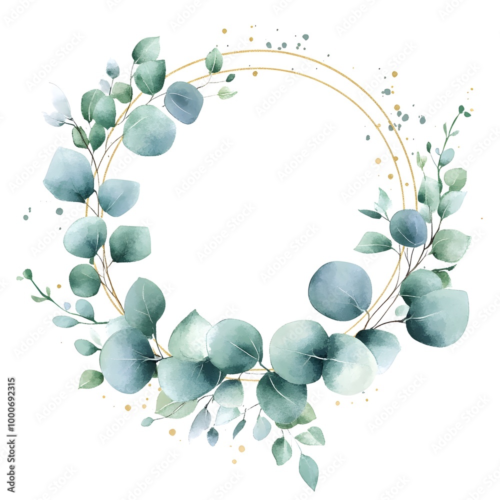 Watercolor pastel light green eucalyptus and gold-framed circle, Watercolor pastel light green eucalyptus and gold-framed circle,