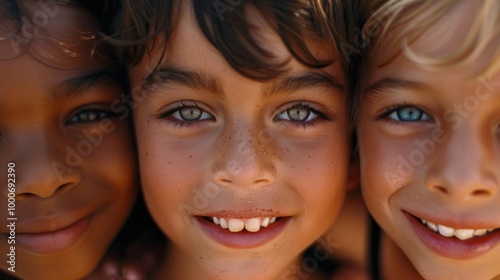 A close-up photo of three kids with different skin tones, smiling brightly