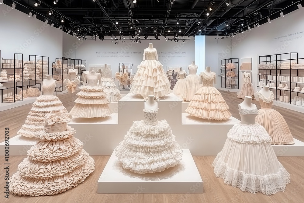 Elegant display of wedding dresses in a modern gallery, showcasing intricate designs and textures in a spacious setting. Elegant display of wedding dresses in a modern gallery, showcasing intricate designs and textures in a spacious setting.
