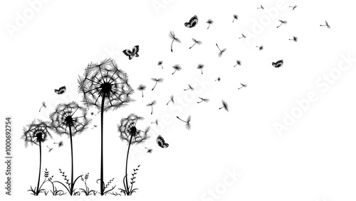 Black and white dandelion seeds and flowers with flying butterflies