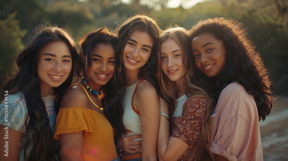 A diverse group of young women, all smiling and standing closely A diverse group of young women, all smiling and standing closely