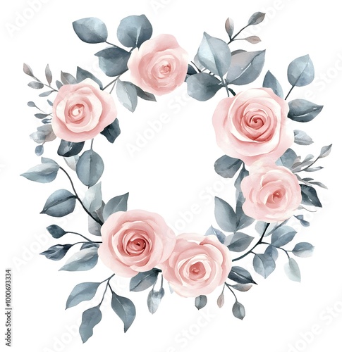 Watercolor floral wreath, with roses and pink flowers, leaves, and eucalyptus clipart, on a white background