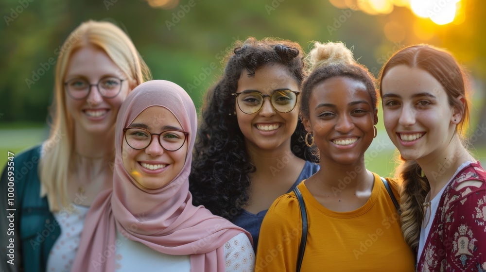 Obraz premium A diverse group of young women, all smiling warmly and standing closely together