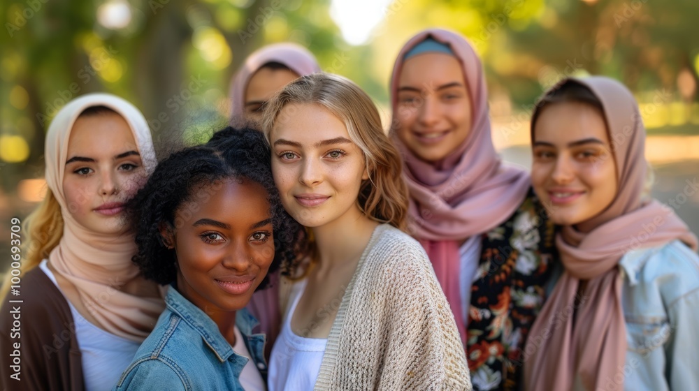 A diverse group of young women, all standing closely and smiling warmly A diverse group of young women, all standing closely and smiling warmly