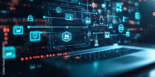 Regulatory compliance and governance framework illustrated through digital icons on a laptop screen, symbolizing the importance of adhering to rules and guidelines in the digital, Generative AI